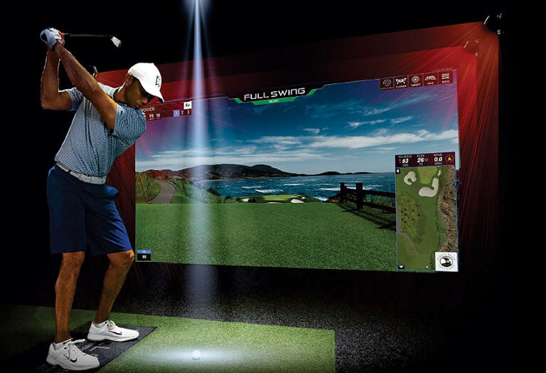 A golfer in a blue outfit and white cap is preparing to swing inside a high tech golf simulator.   Pure AV Luxury Home Automation 768x524
