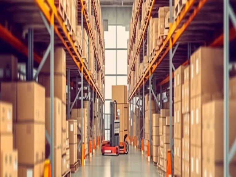 AGV Vehicles Running in Logistics Warehouse 1 768x576