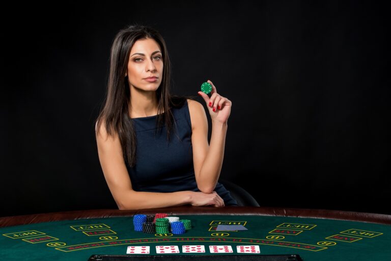sexy woman with poker cards chips female player beautiful black dress 1 768x512